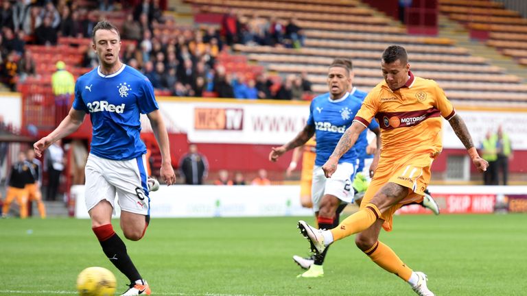 Motherwell's Marvin Johnson with a shot on goal in the first half against Rangers