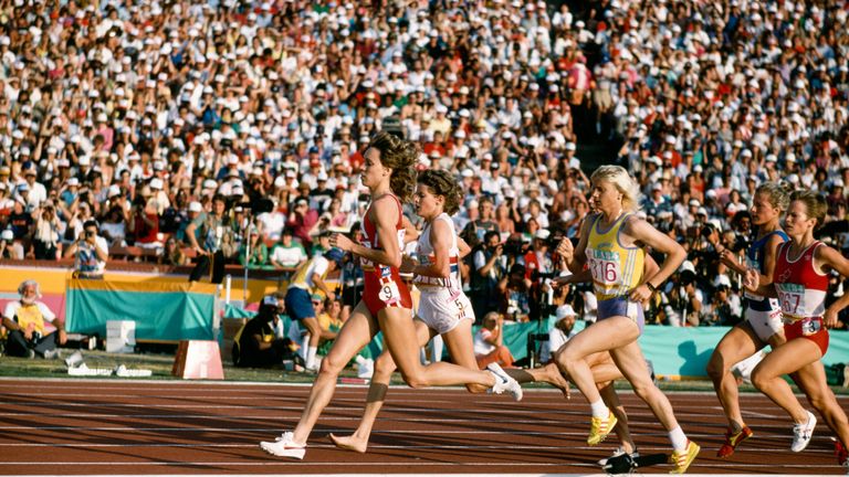 Mary Decker, Zola Budd and Maricica Puica (L-R) during the women's 3000m final at the 1984 Olympic Games