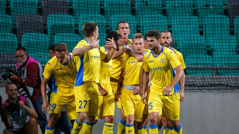 Matic Crnic (C) of Domzale celebrate scoring a goal during the UEFA Europa League Third qualifying round first match between Domzale and West Ham