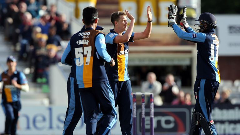 Matt Critchley of  Derbyshire Falcons (C) celebrates taking the wicket of Luis Reece of Lancashire Lightning