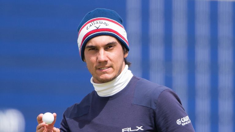 Italy's Matteo Manassero acknowledges the fans after holing out for birdie at the 18th hole during day two of the 2016 AAM Scottish Open 