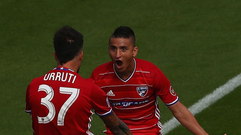 FRISCO, TX - MARCH 06:  Maximiliano Urruti #37 of FC Dallas celebrates his goal with Mauro Diaz #10 against the Philadelphia Union in the second half durin