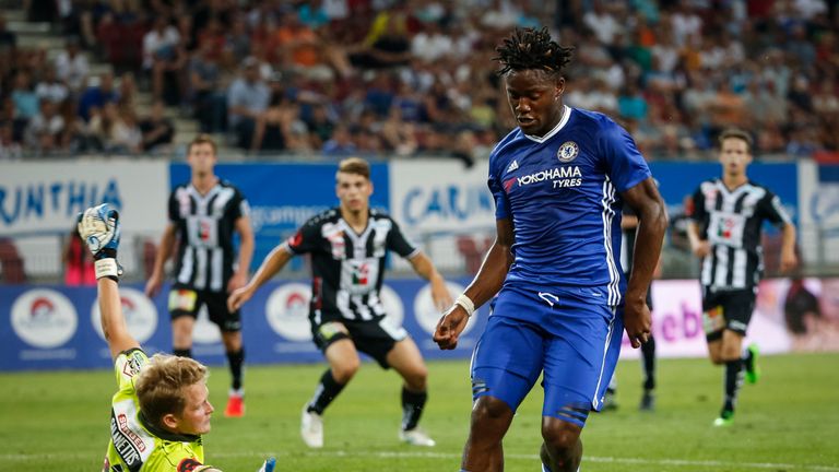 VELDEN, AUSTRIA - JULY 20: Michy Batshuayi (R) of Chelsea in action against goalkeeper Alexander Kofler (L) of WAC RZ Pellets during the friendly match bet