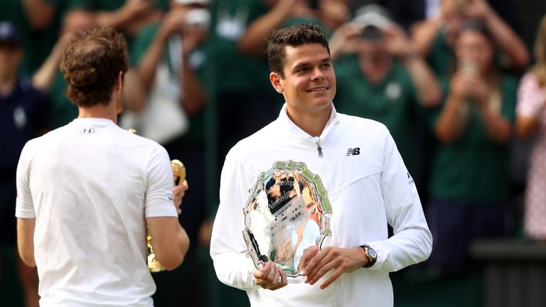 LONDON, ENGLAND - JULY 10: Milos Raonic of Canada holds his trophy following defeat in the Men's Singles Final on day thirteen of the Wimbledon Lawn Tennis