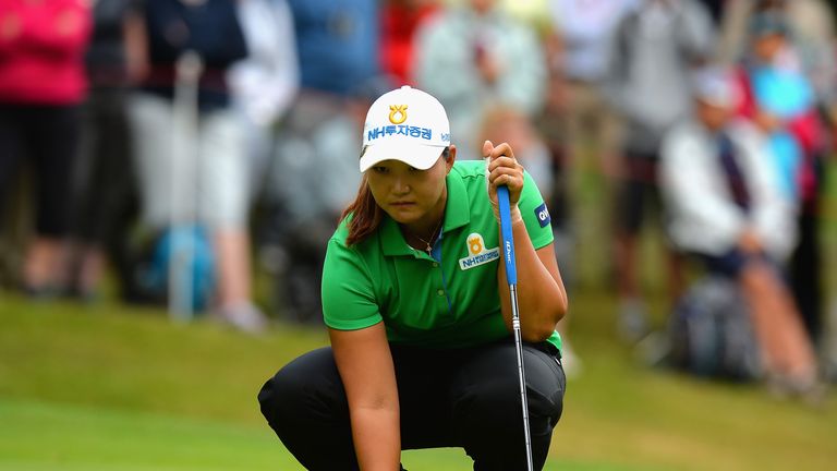 WOBURN, ENGLAND - JULY 28:  Mirim Lee of Korea lines up her putt on the 17th green during the Ricoh Women's British Open - Day One at Woburn Golf Club on J