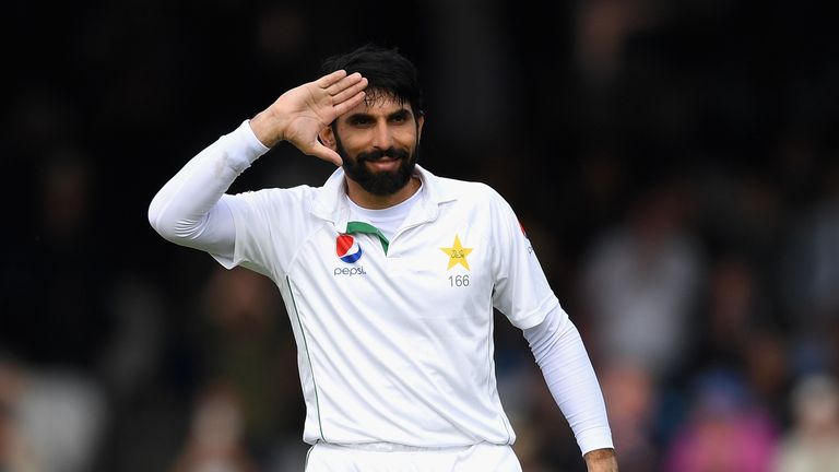 Misbah-ul-Haq celebrates scoring a century in his first Test innings at Lord's