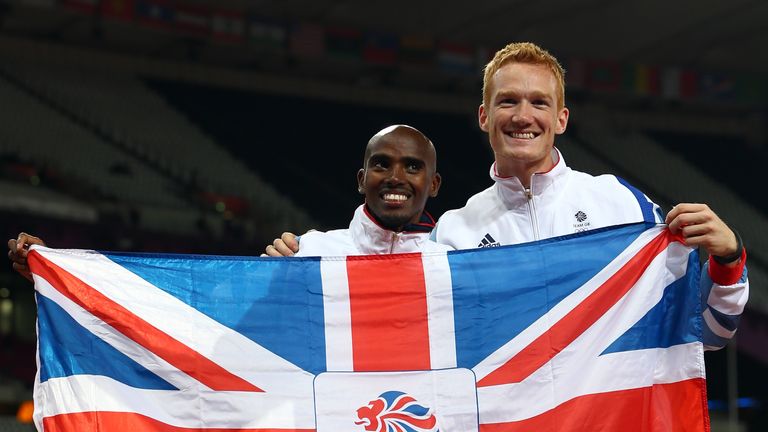 Farah won 10,000m gold on the same night as Greg Rutherford (right) was victorious in the long jump