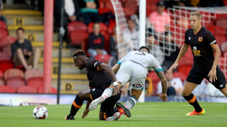 Hull City's Moses Odubajo suffers an injury during the pre-season friendly match at Blundell Park, Cleethorpes. PRESS ASSOCIAITON Photo. Picture date: Frid