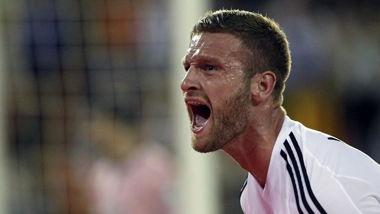 Valencia's German defender Shkodran Mustafi celebrates his goal during the Spanish league football match Valencia CF vs Granada CF at the Mestalla stadium 