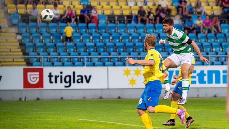 30/06/16 PRE-SEASON FRIENDLY .. NK CELJE v CELTIC (2-2) .. ARENA PETROL STADIUM - SLOVENIA .. Celtic's Nadir Ciftci pulls a goal back for the visitors