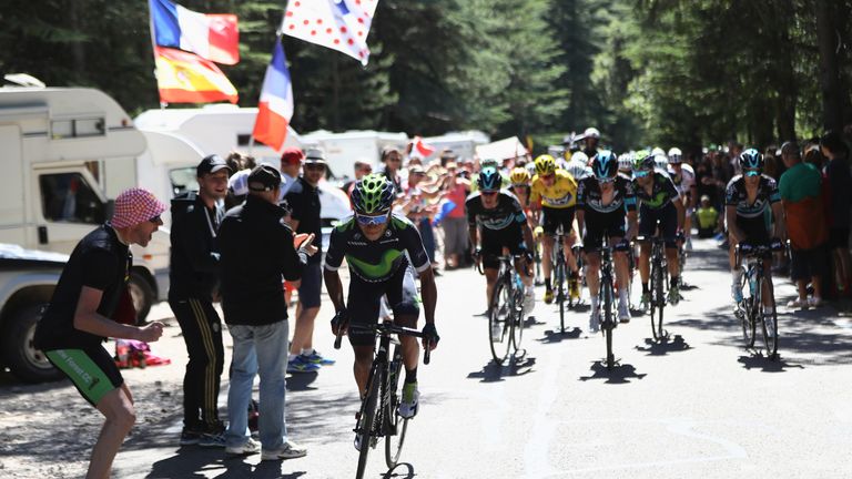 MONTPELLIER, FRANCE - JULY 14: Nairo Quintana of Colombia and Movistar makes a break on the early stages of the climb to Mont Ventoux during the 12th stage