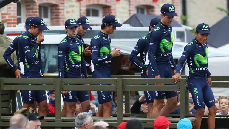 Nairo Quintana (R) leads his Movistar team at the Tour de France