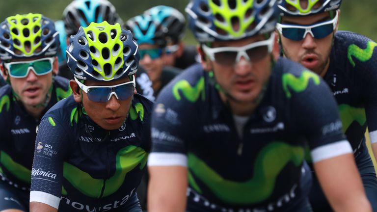 Colombia's Nairo Quintana (2ndL) rides with his teammates of the Spain's Movistar cycling team during the 237,5 km fouth stage of the 103rd edition of the 