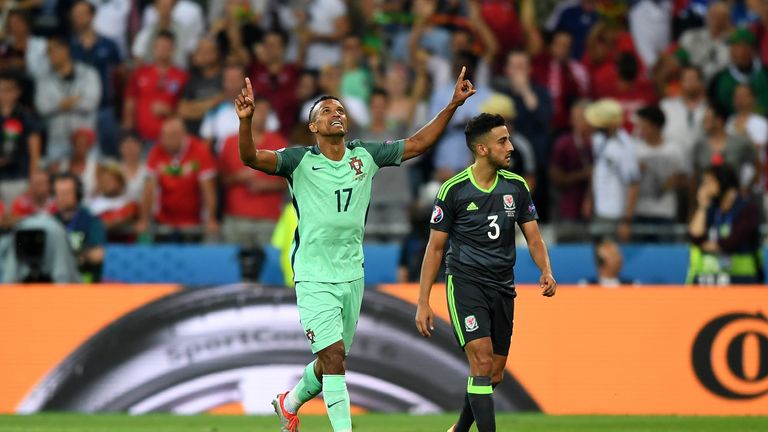 Nani of Portugal celebrates after scoring his team's second goal 