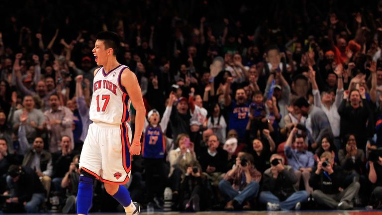NEW YORK, NY - FEBRUARY 19: Jeremy Lin #17 of the New York Knicks reacts after shooting a three pointer against the Dallas Mavericks at Madison Square Gard