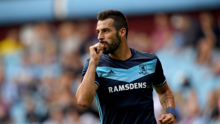 BIRMINGHAM, ENGLAND - JULY 30:  Middesbrough forward Alvaro Negredo celebrates his goal during the pre- season friendly between Aston Villa and Middlesbrou