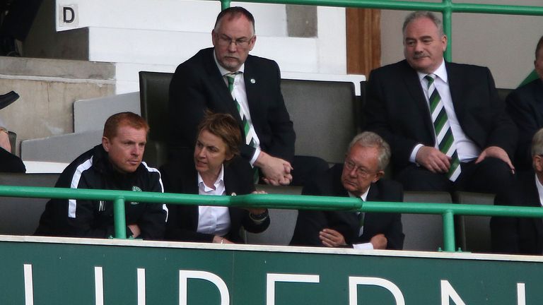 Hibernian manager Neil Lennon with Hibernian Chief Executive Leeann Dempster after being sent to the stands during the Europa league second qualifying roun