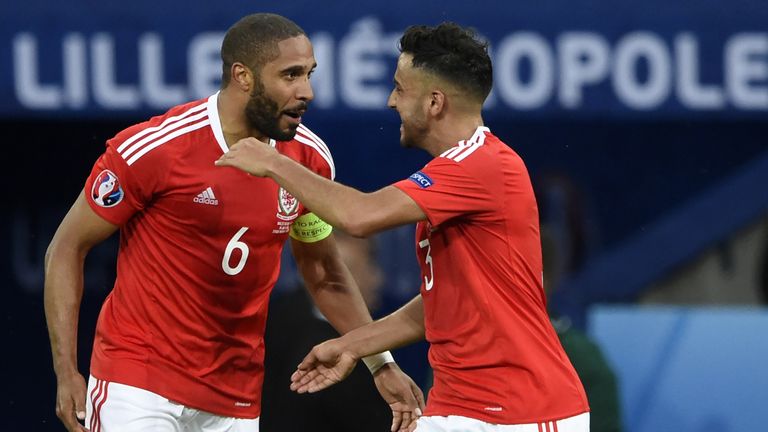 Wales' defender Ashley Williams (L) celebrates with Wales' defender Neil Taylor after scoring a goal during the Euro 2016 quarter-final football match betw