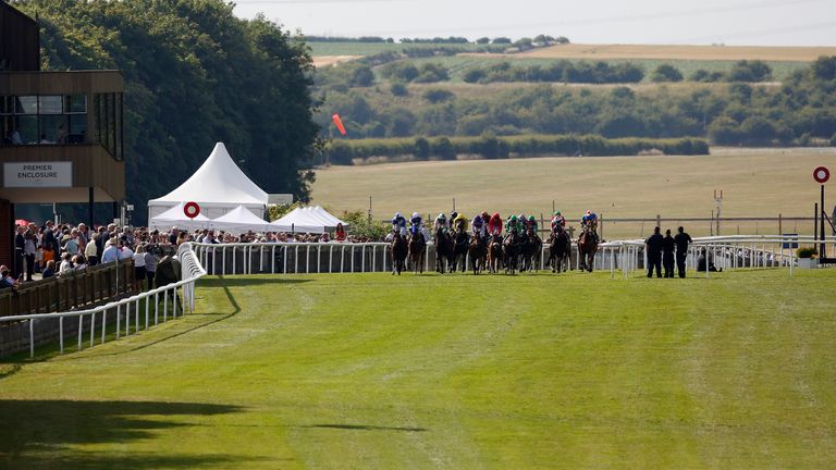 NEWMARKET, ENGLAND - JULY 10: A general view as runners cross the finishing line at Newmarket racecourse on July 10, 2015 in Newmarket, England. (Photo by 