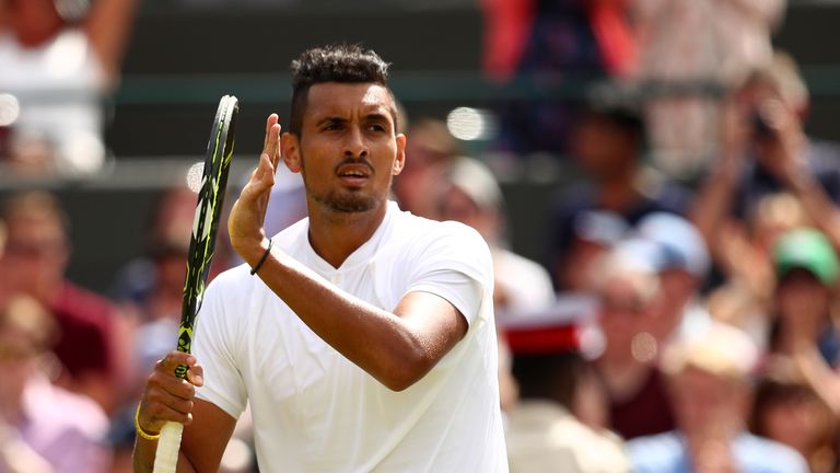 LONDON, ENGLAND - JULY 03:  Nick Kyrgios of Australia celebrates victory during the Men's Singles third round match against Feliciano Lopez of Spain on Mid