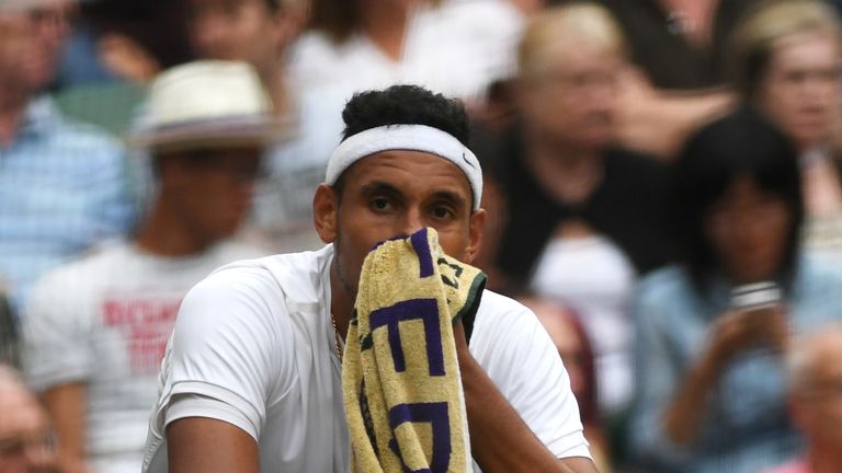 LONDON, ENGLAND - JULY 04:  Nick Kyrgios of Australia reacts during the Men's Singles fourth round match against Andy Murray of Great Britain on day seven 