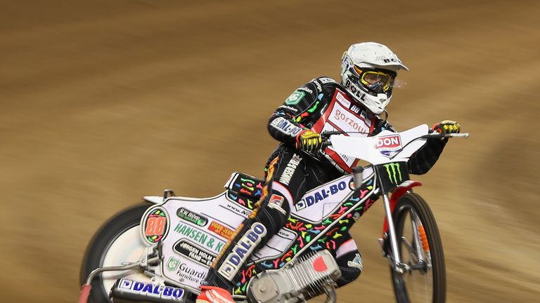 Niels-Kristian Iversen of Denmark rides during 2015 FIM Speedway Grand Prix practise at Etihad Stadium