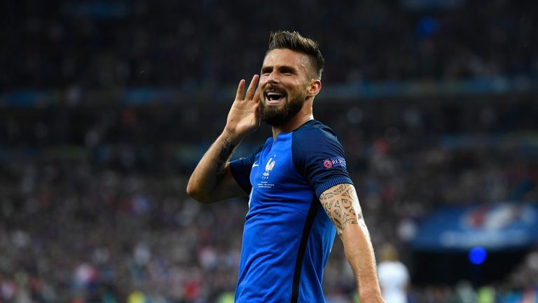 PARIS, FRANCE - JULY 03:  Olivier Giroud of France celebrates scoring his team's fifth goal during the UEFA EURO 2016 quarter final match between France an