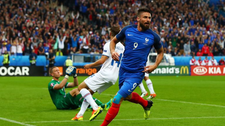 Olivier Giroud celebrates one of his two goals against Iceland