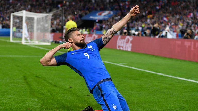 Olivier Giroud celebrates France's fifth goal in the rout of Iceland