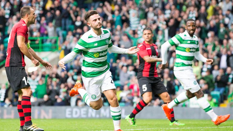 Celtic Patrick Roberts celebrates scoring his side's third goal of the game during the UEFA Champions League second qualifying round, second leg match at C