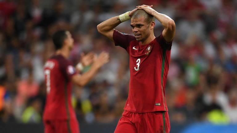 Pepe of Portugal reacts during the UEFA EURO 2016 quarter final match between Poland and Portugal at Stade Velodrome on June 