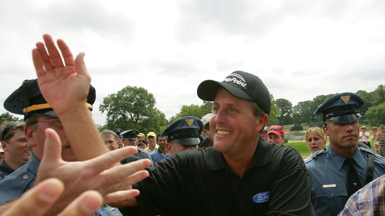 SPRINGFIELD, NJ - AUGUST 15:  Phil Mickelson leaves the scorer's tent after winning the 2005 PGA Championship with a 4-under par 276 August 15, 2005 in Spr