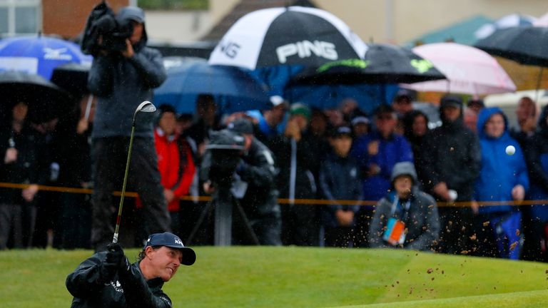 TROON, SCOTLAND - JULY 15:  Phil Mickelson of the United States hits a bunker shot on the 17th during the second round on day two of the 145th Open Champio