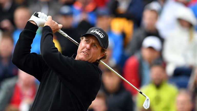 US golfer Phil Mickelson watches his shot from the 5th tee during his final round on day four of the 2016 British Open Golf Championship at Royal Troon in 