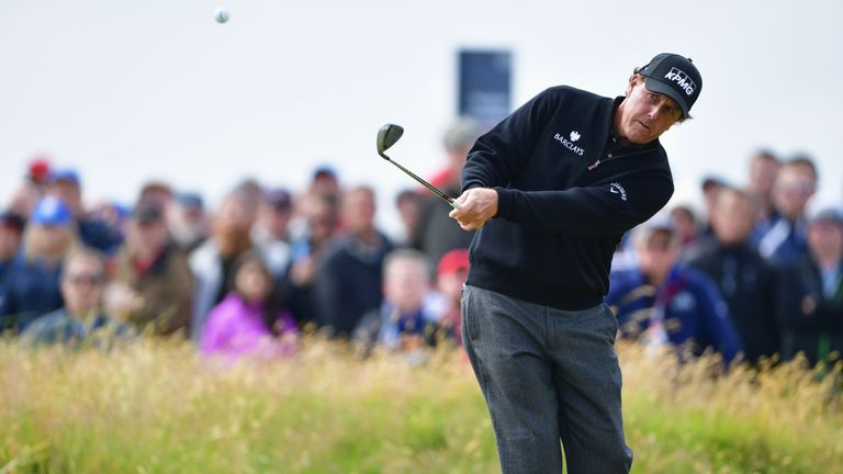 TROON, SCOTLAND - JULY 17:  Phil Mickelson of the United States chips on the 2nd hole during the final round on day four of the 145th Open Championship at 