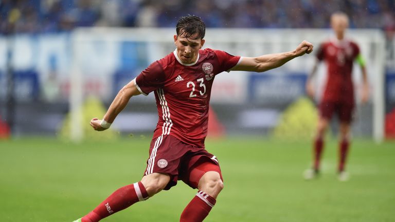 Pierre-Emile Hojbjerg of Denmark in action against Bulgaria