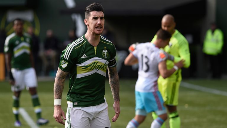 PORTLAND, OR - MARCH 6: Liam Ridgewell #24 of Portland Timbers has some words with the side judge during the second half of the game against the Columbus C