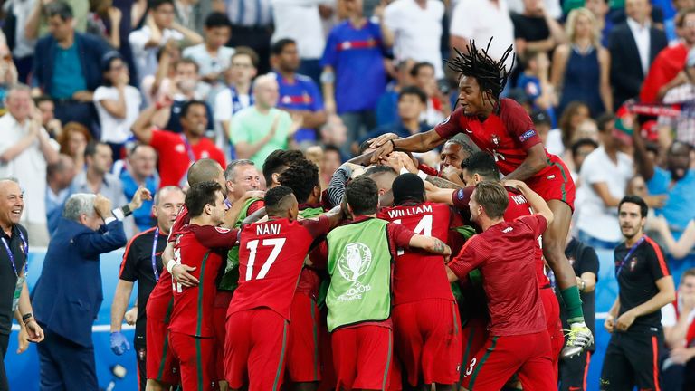 Portugal players celebrate Eder's extra-time strike against France in the Euro 2016 final