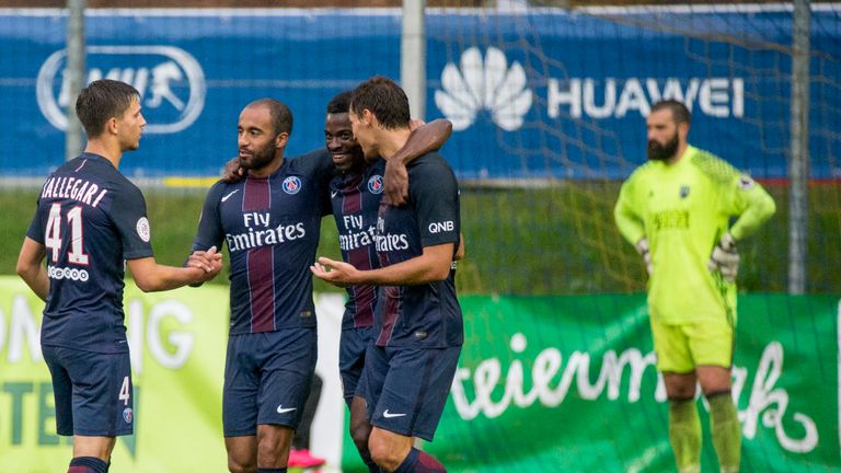 SCHLADMING, AUSTRIA - JULY 13: Team of Paris St. Germain celebrates after scoring the second goal during a friendly match against West Bromwich Albion on J