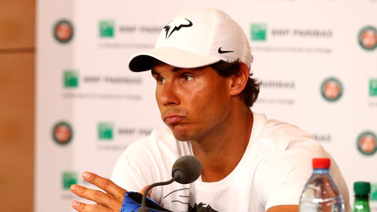 PARIS, FRANCE - MAY 27:  Rafael Nadal of Spain announces during a press conference that he is withdrawing from the tournament due to a wrist injury on day 