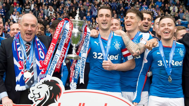 Rangers celebrate winning the Ladbrokes Championship in 2015/16