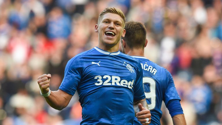Rangers' Martyn Waghorn celebrates his second goal