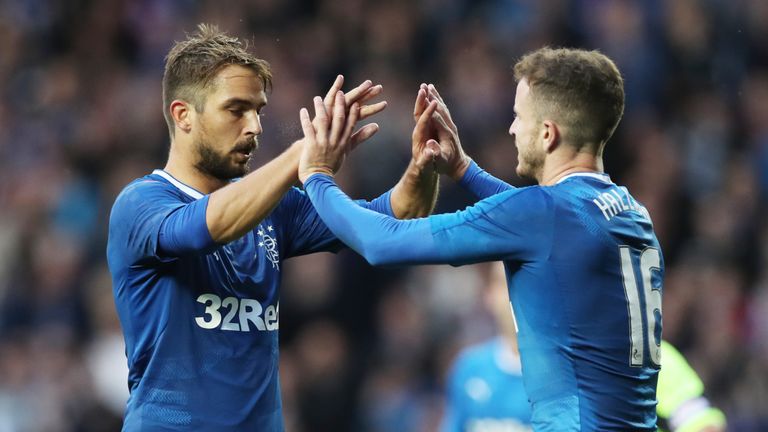 GLASGOW, SCOTLAND - JULY 25:  Niko Kranjcar of Rangers celebrates after he scores his team's third goal during the Betfred Cup match between Rangers and St