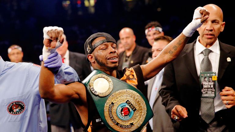 CHICAGO, IL - JUNE 18: Rau'shee Warren celebrates after his victory over Juan Carlos Payano (not pictured) in the WBA Bantamweight Title Attraction bout at