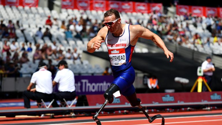 LONDON, ENGLAND - JULY 23:  Richard Whitehead of Great Britain competes in the Men's T42 200m during Day Two of the Muller Anniversary Games at The Stadium