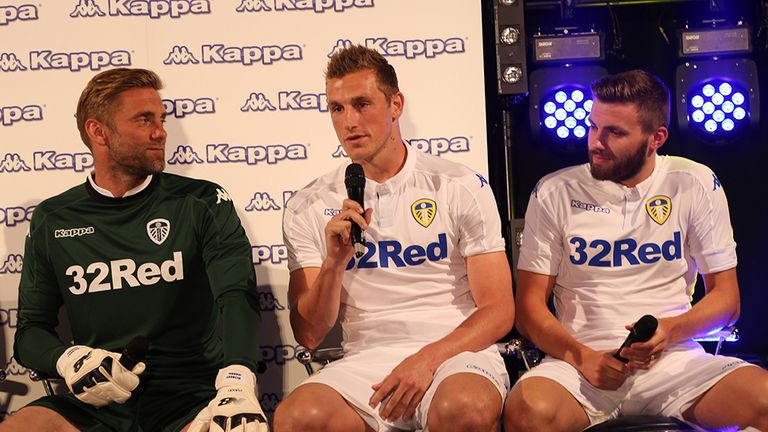 Rob Green, Chris Wood and Stuart Dallas at Leeds' kit launch
