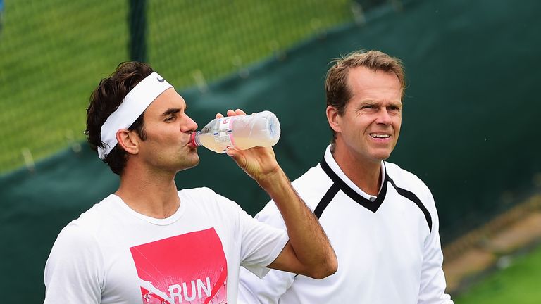 LONDON, ENGLAND - JUNE 28:  Roger Federer of Switzerland with coach Stefan Edberg during a pratice session prior to the Wimbledon Lawn Tennis Championships