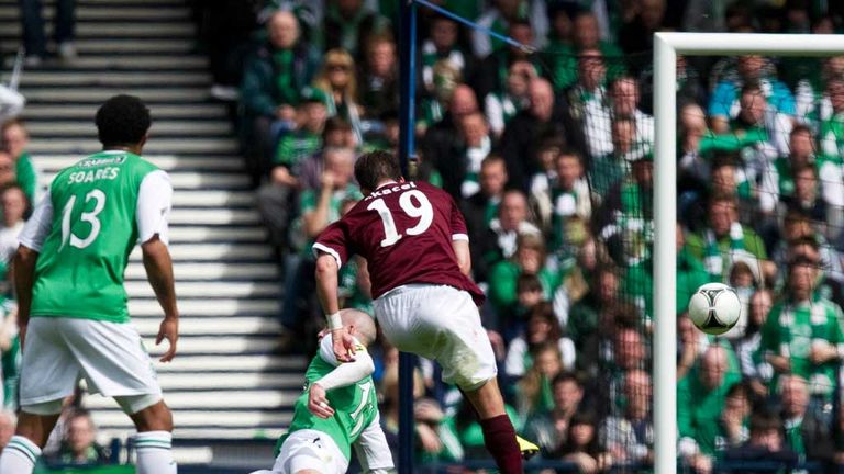Hearts striker Rudi Skacel (19) scores his side's second goal of the game in 5-1 Scottish Cup final v Hibs 2012