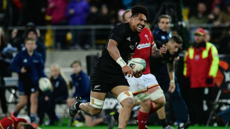 Ardie Savea runs in a try during New Zealand's second Test victory over Wales in Wellington