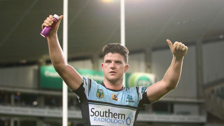 Chad Townsend of the Sharks celebrates victory after the round 19 NRL match between the Sydney Roosters and the Cronulla Sharks